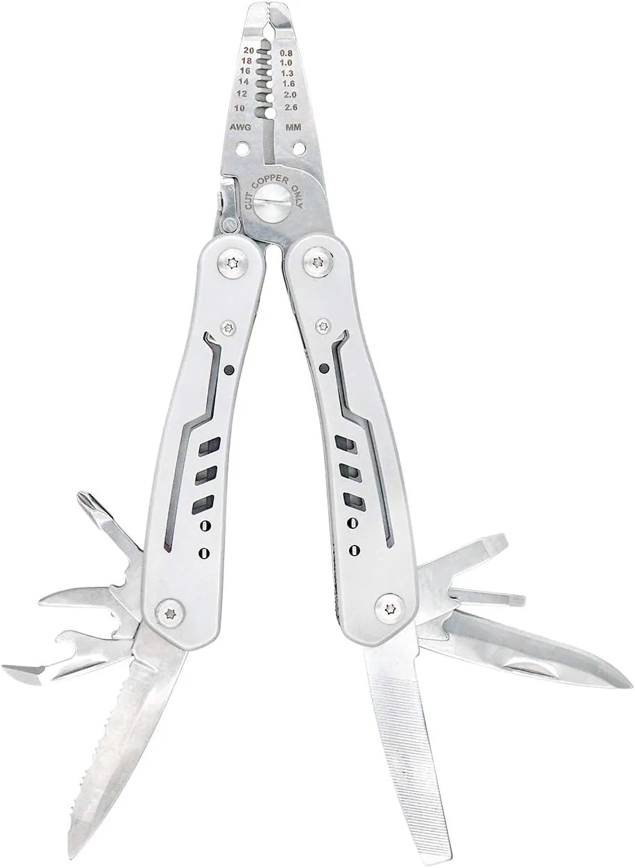 10-in-1 Stainless Steel Electrician's Stripping Multitool Safety Lock with Nylon Sheath, Silver