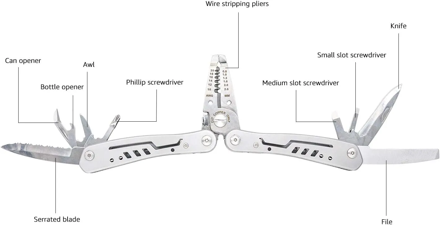 10-in-1 Stainless Steel Electrician's Stripping Multitool Safety Lock with Nylon Sheath, Silver
