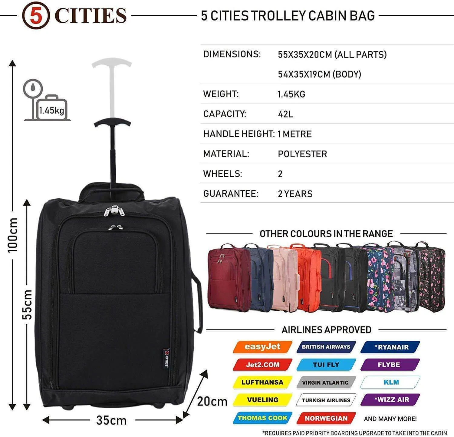 5 Cities (55x35x20cm) Lightweight Cabin Hand Luggage Set (Black   Navy   Green)
