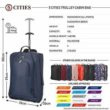 5 Cities (55x35x20cm) Lightweight Cabin Hand Luggage Set (Black   Navy   Green)