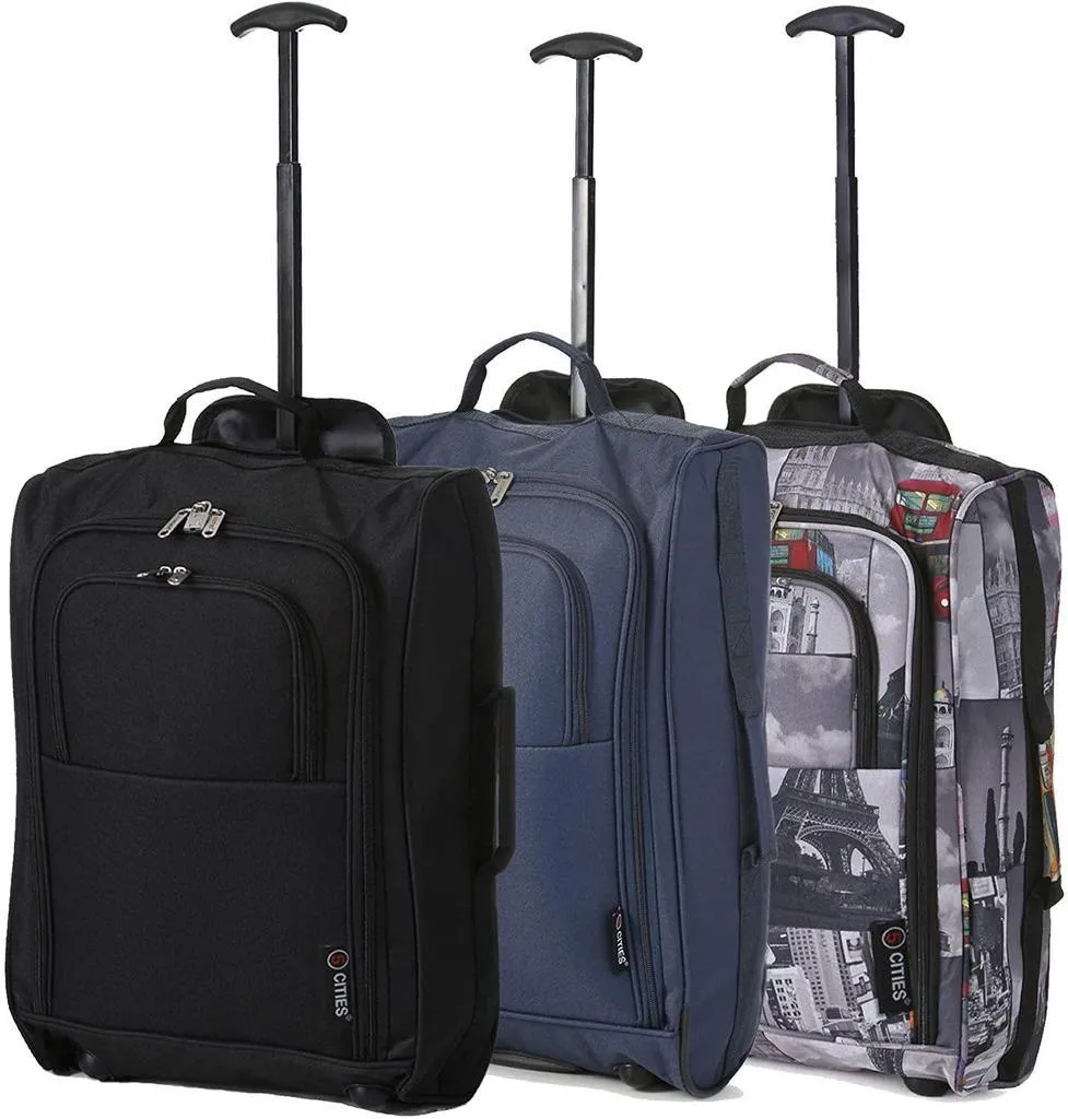 5 Cities (55x35x20cm) Lightweight Cabin Hand Luggage Set (Black   Navy   Green)