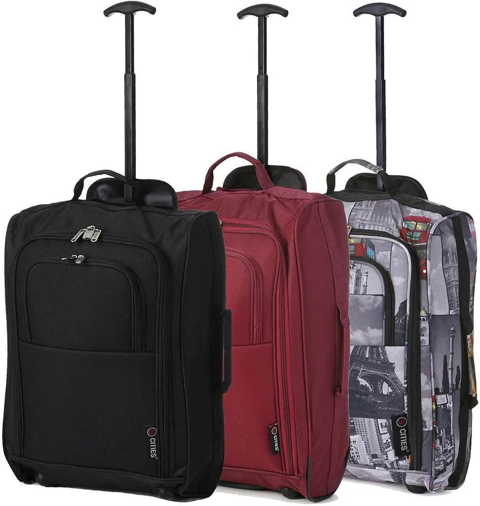 5 Cities (55x35x20cm) Lightweight Cabin Hand Luggage Set (Black   Navy   Green)
