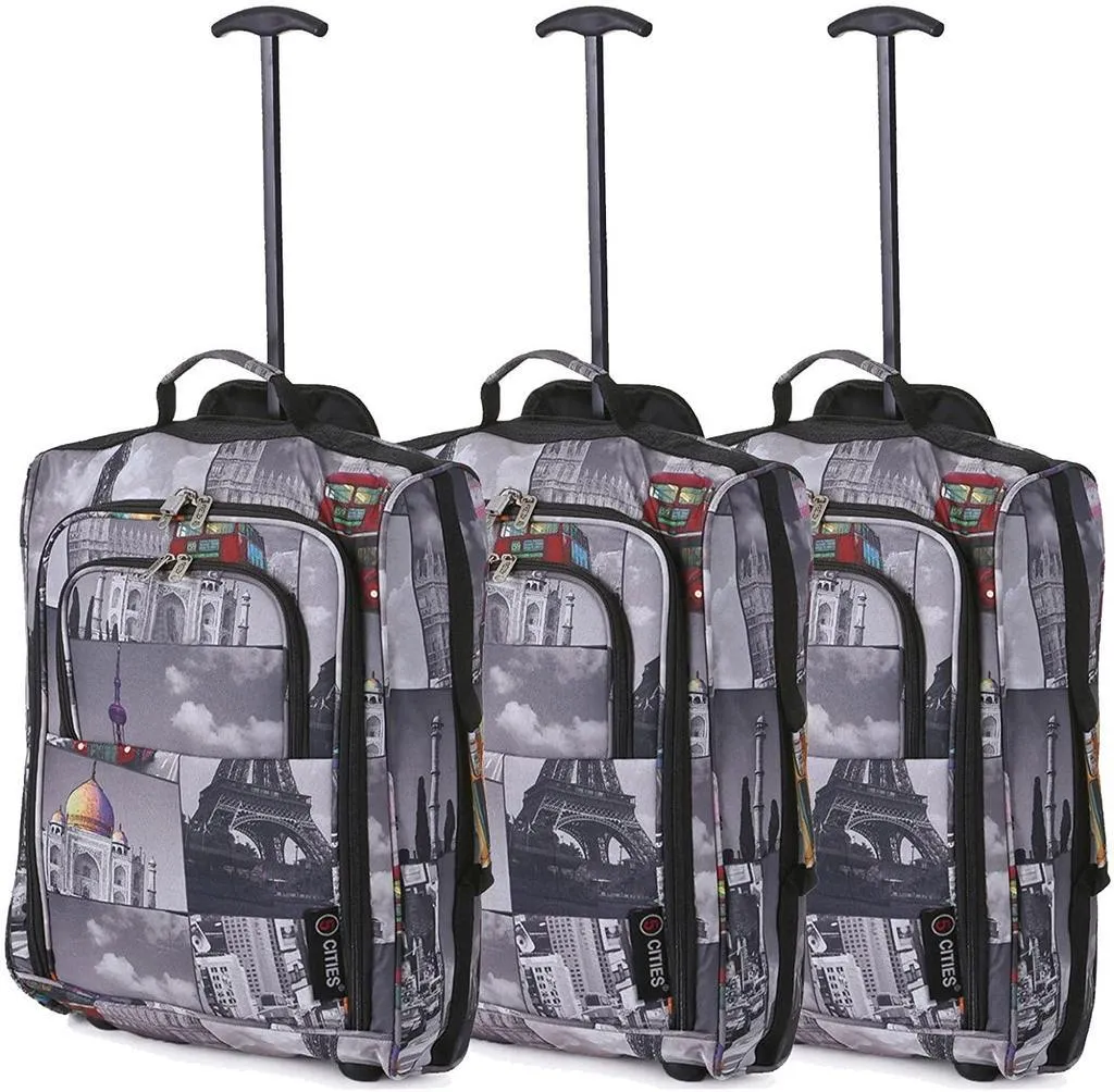 5 Cities (55x35x20cm) Lightweight Cabin Hand Luggage Set (Black   Navy   Green)