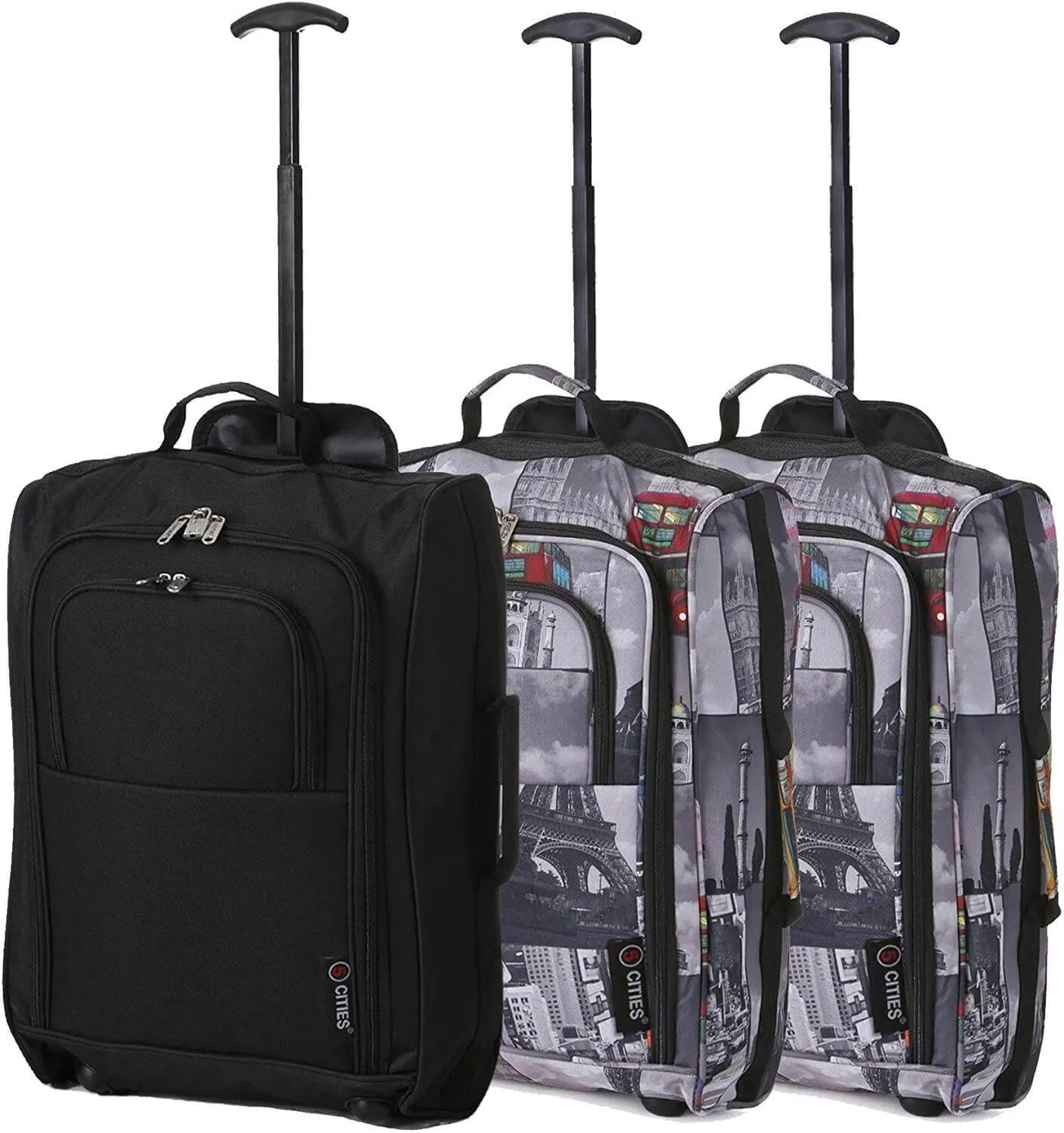 5 Cities (55x35x20cm) Lightweight Cabin Hand Luggage Set (Black   Navy   Green)