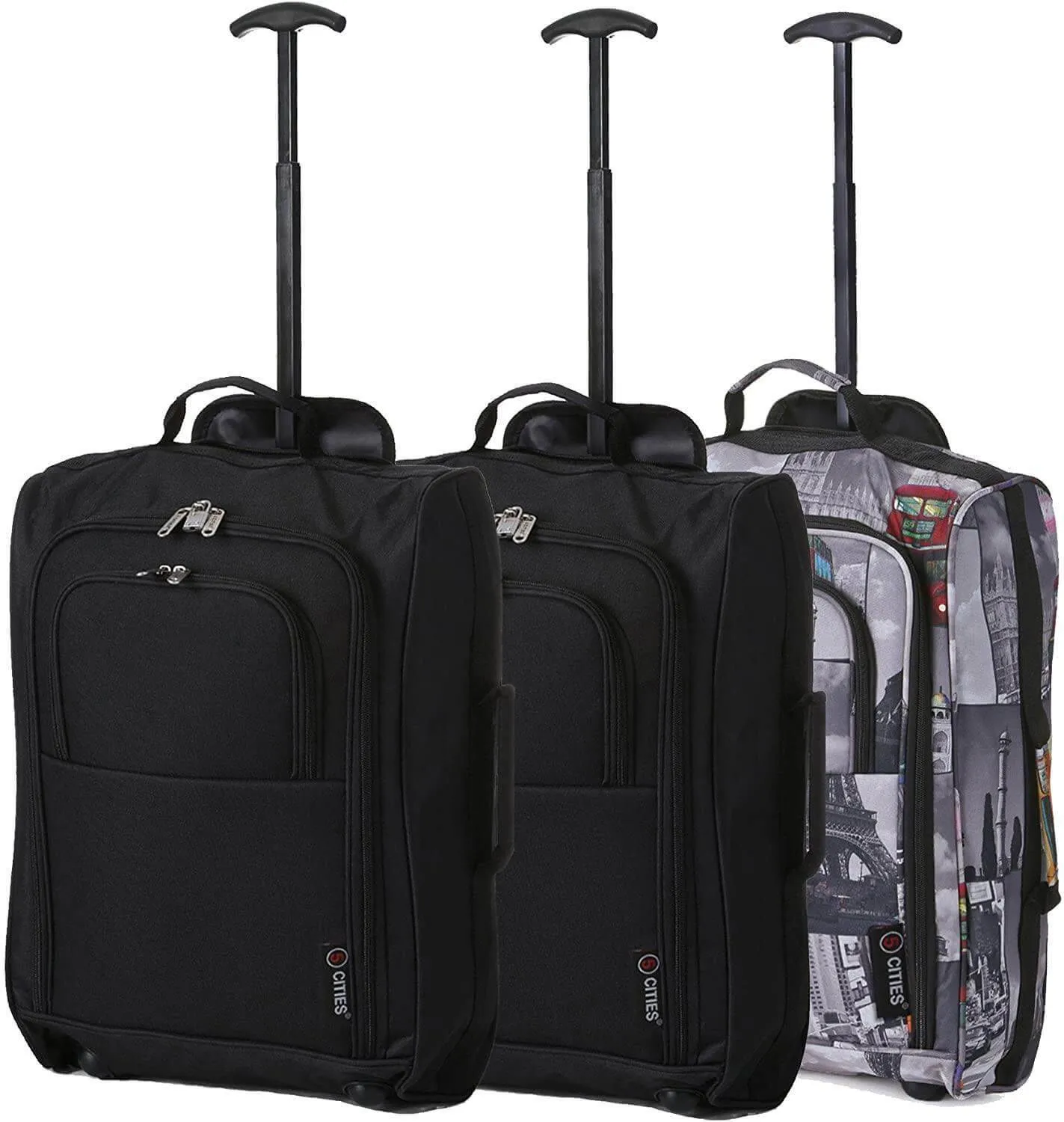 5 Cities (55x35x20cm) Lightweight Cabin Hand Luggage Set (Black   Navy   Green)