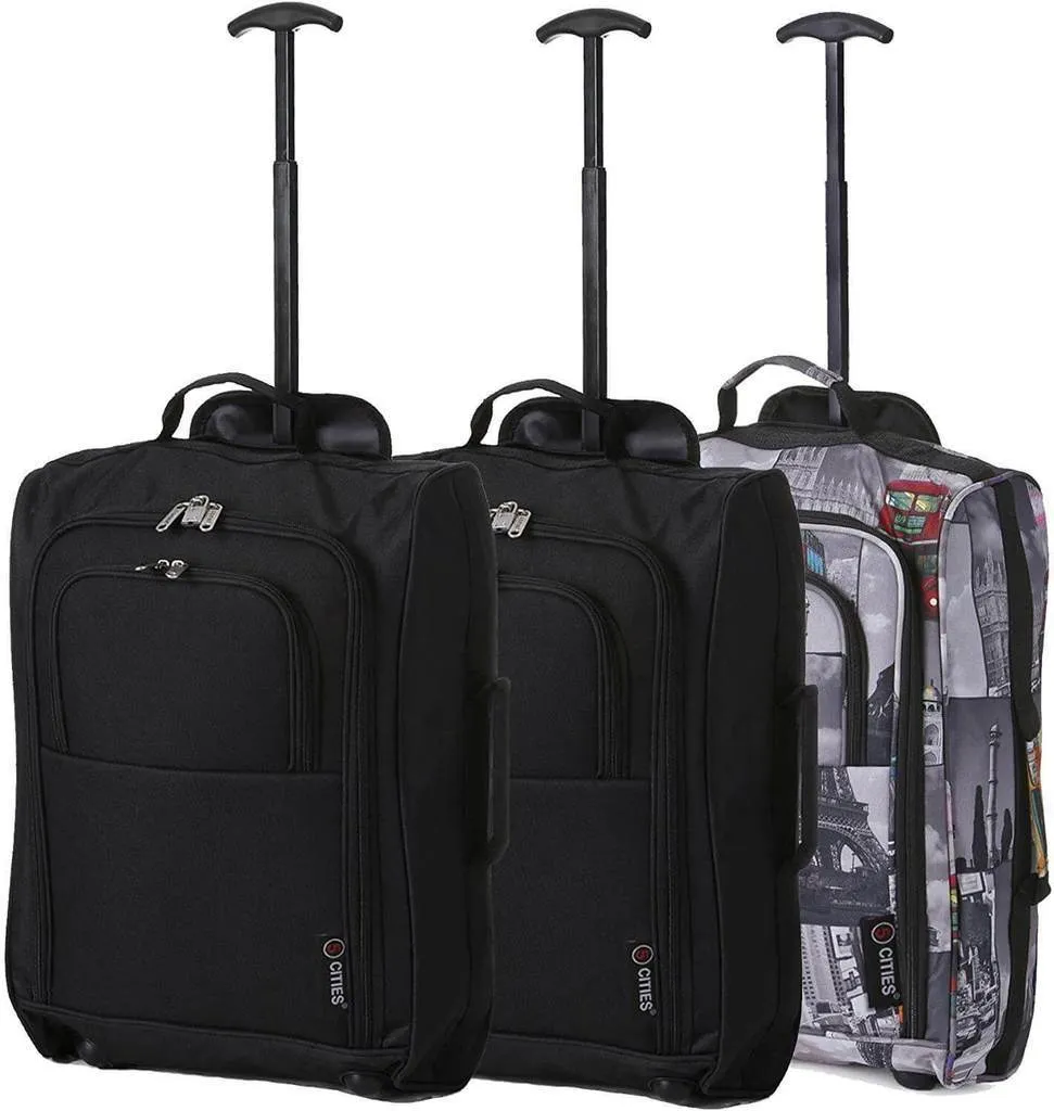 5 Cities (55x35x20cm) Lightweight Cabin Hand Luggage Set (Black   Navy   Green)