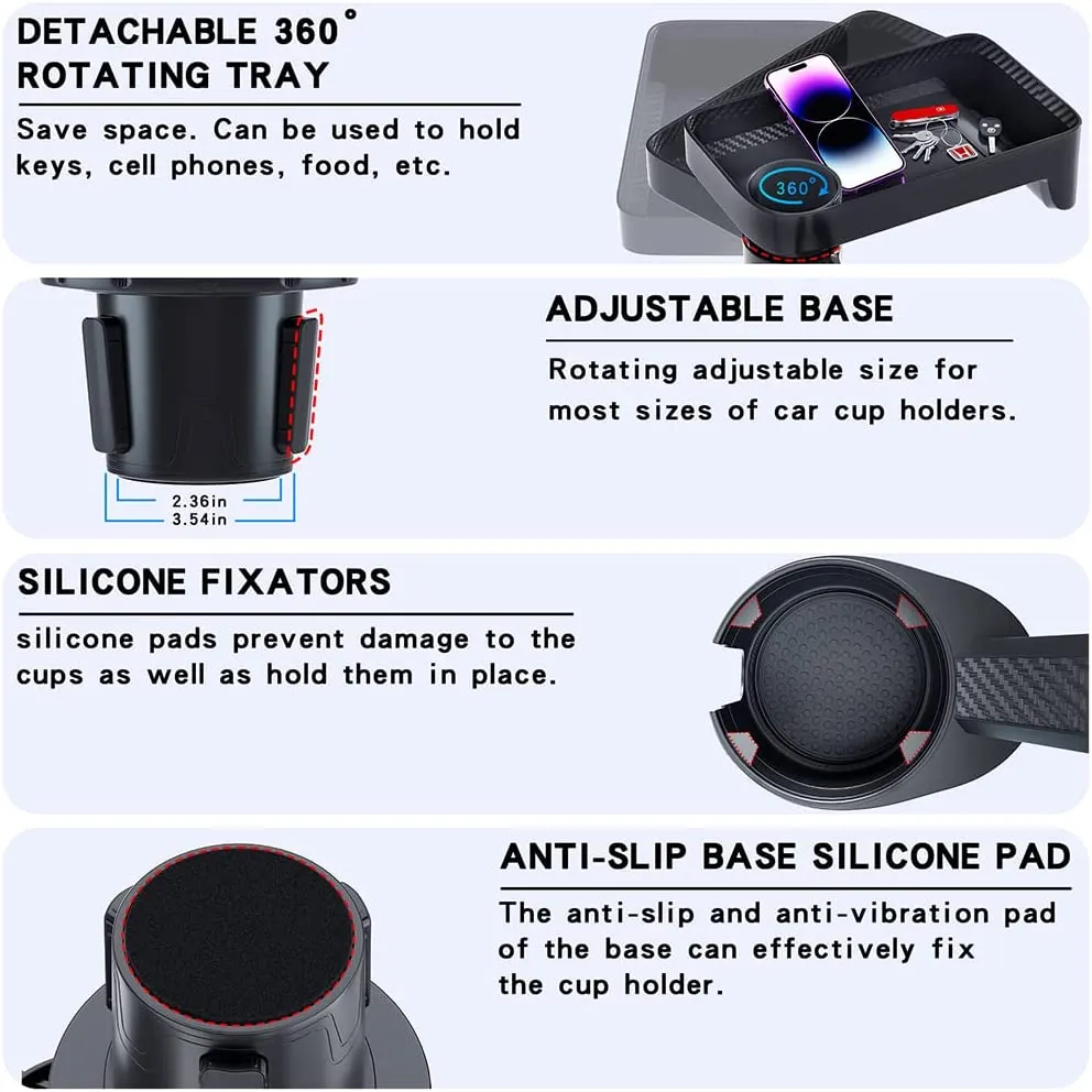 Car Cup Holder Tray,Cup Holder Tray,Car Cup Holder Tray Table,Car Cup Holder with Detachable Tray, Car Cup Holder Expander,Car Cup Holder with 360 ° Rotation,fit in 2.36-3.54 inch Car Cup Holder, Compatible with All Cars