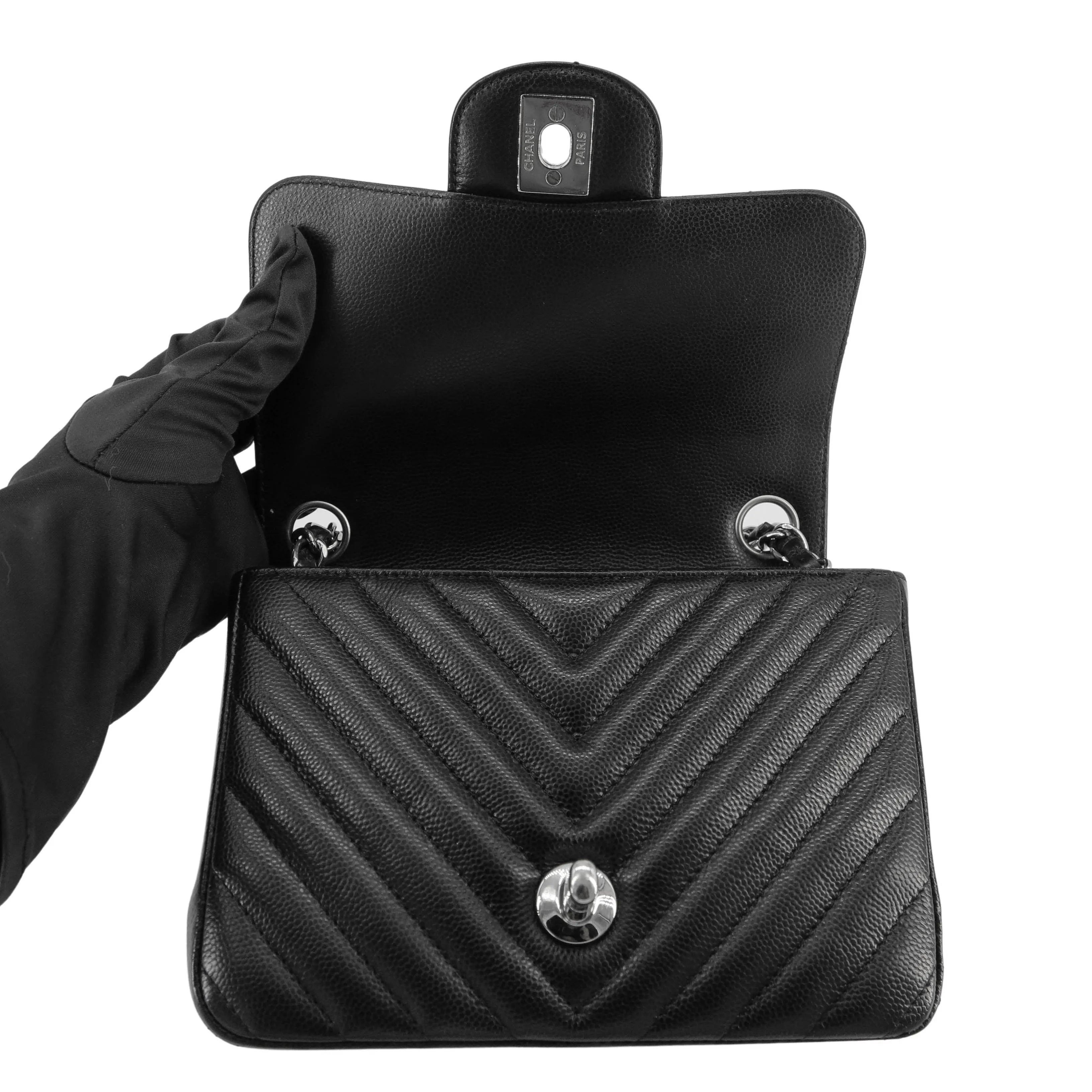 Classic Chevron Mini Square Flap Bag in Black Caviar
