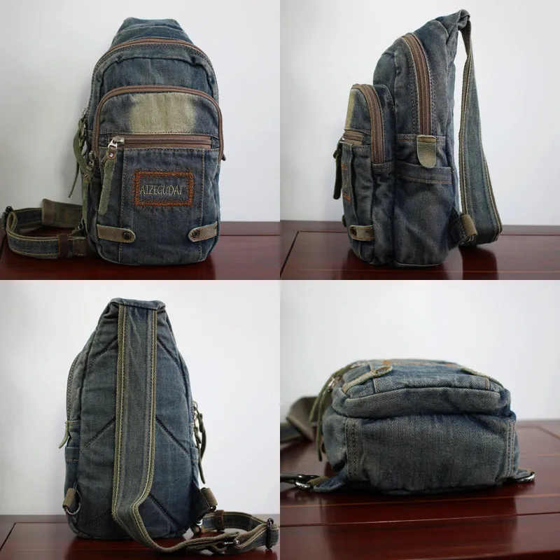 Cool Blue Denim Mens Sling Bag Chest Bag Vintage Denim Sling Bag For Men