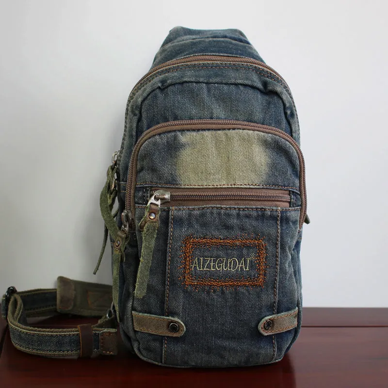 Cool Blue Denim Mens Sling Bag Chest Bag Vintage Denim Sling Bag For Men