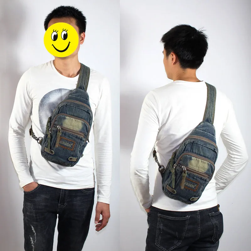 Cool Blue Denim Mens Sling Bag Chest Bag Vintage Denim Sling Bag For Men