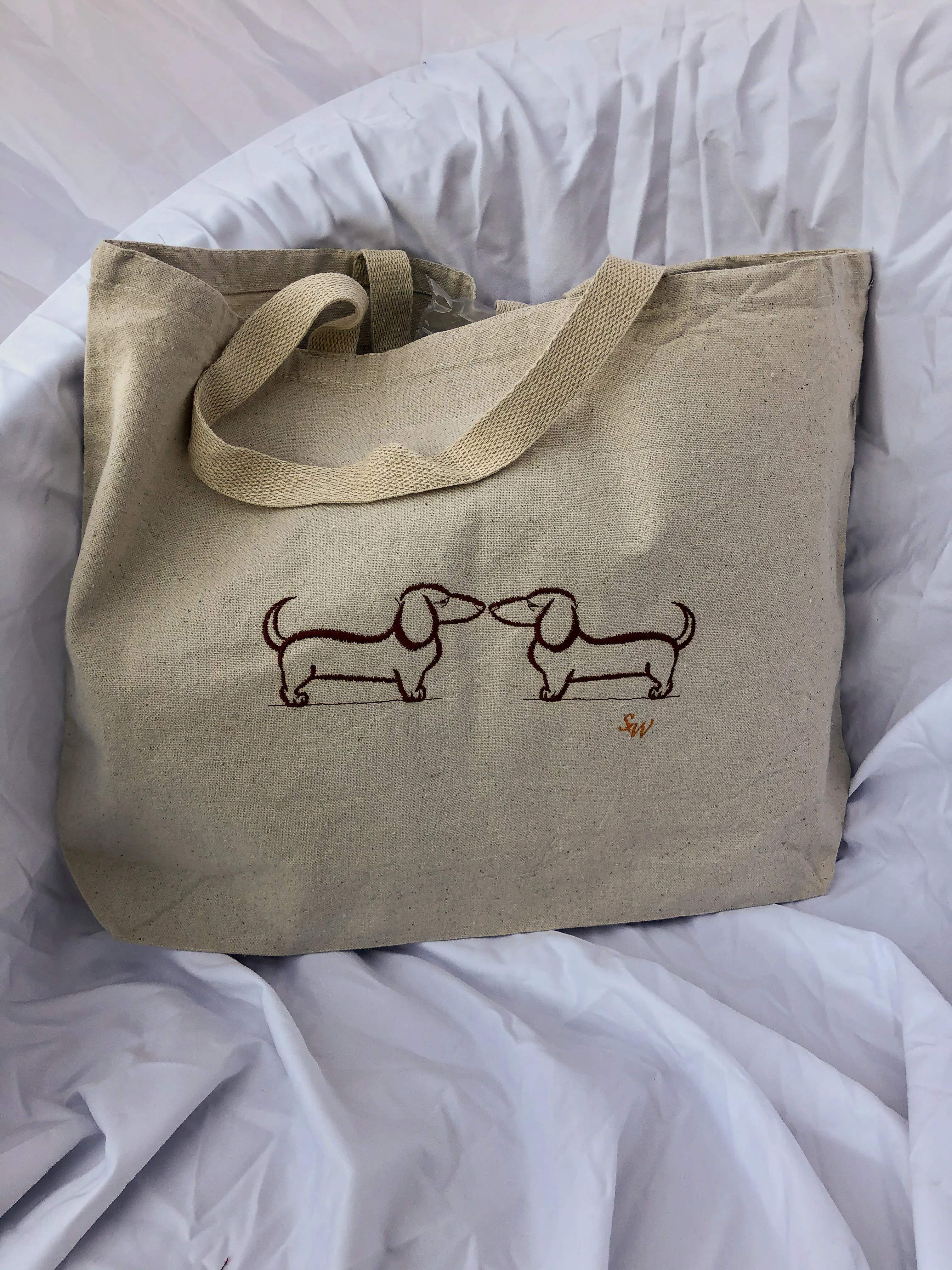 Dachshund Duet Embroidered Canvas Jumbo Tote Bag