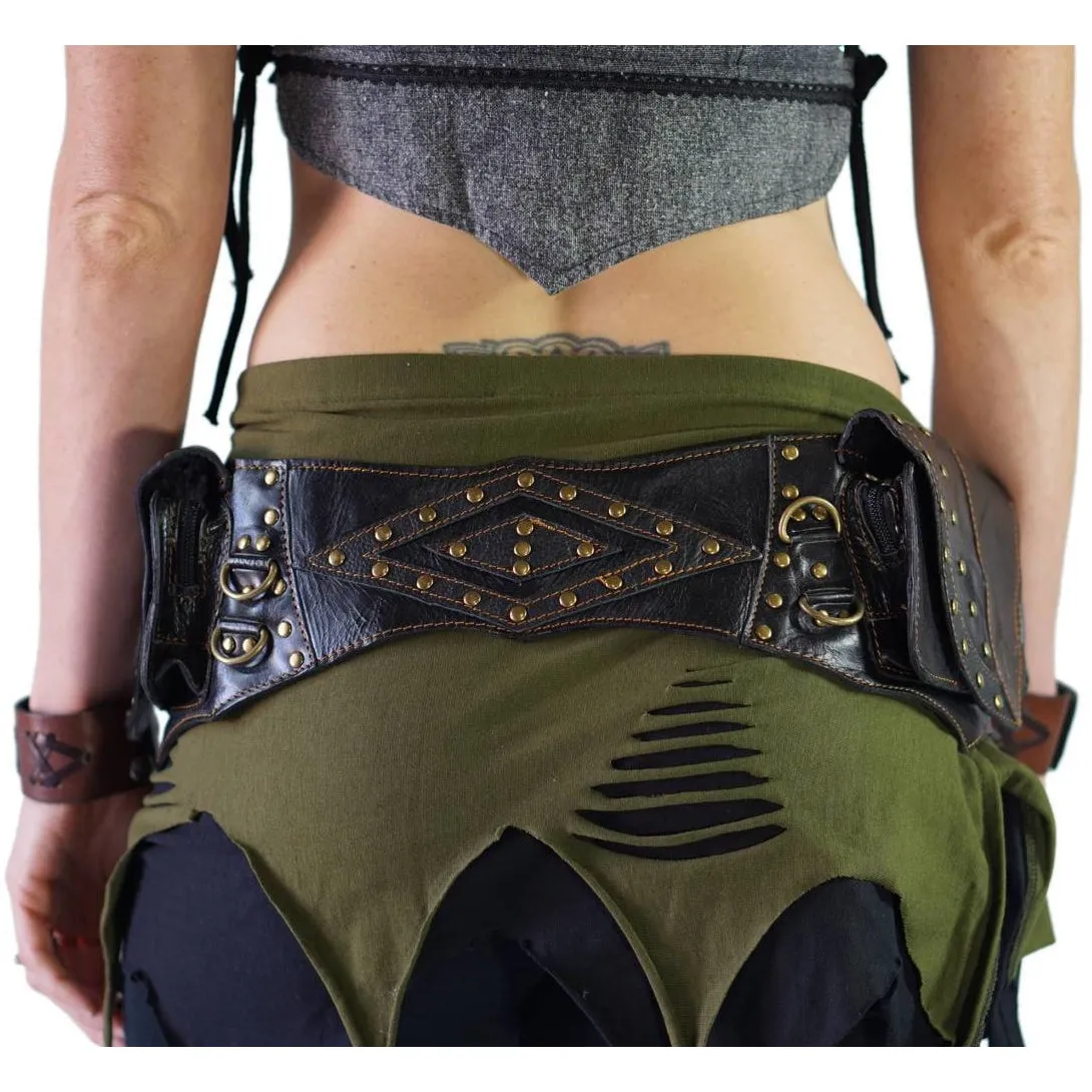 'Double Leaf Diamond' Leather Utility Belt - Black