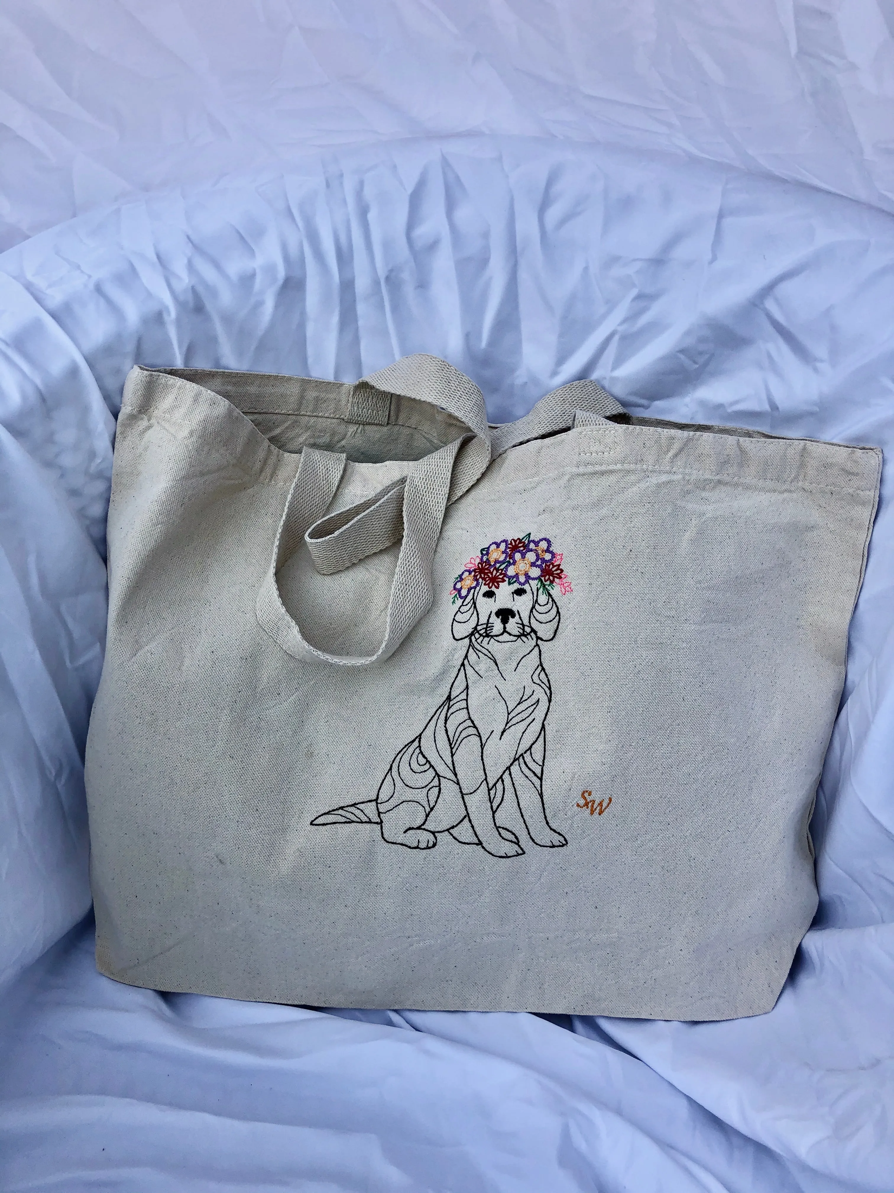 Embroidered Dog Tote Bag. 100% Cotton Canvas. Dog with Flower Wreath.