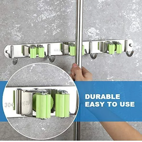 Joyhill Mop and Broom Holder Wall Mount, Stainless Steel Broom Organizer, Self Adhesive Garden Tool Hangers (3 Position 4 Hooks)