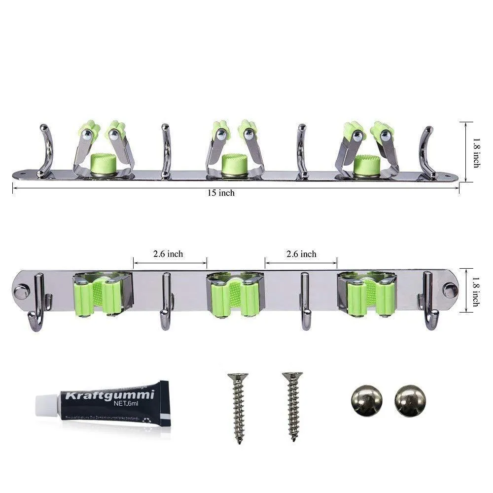 Joyhill Mop and Broom Holder Wall Mount, Stainless Steel Broom Organizer, Self Adhesive Garden Tool Hangers (3 Position 4 Hooks)