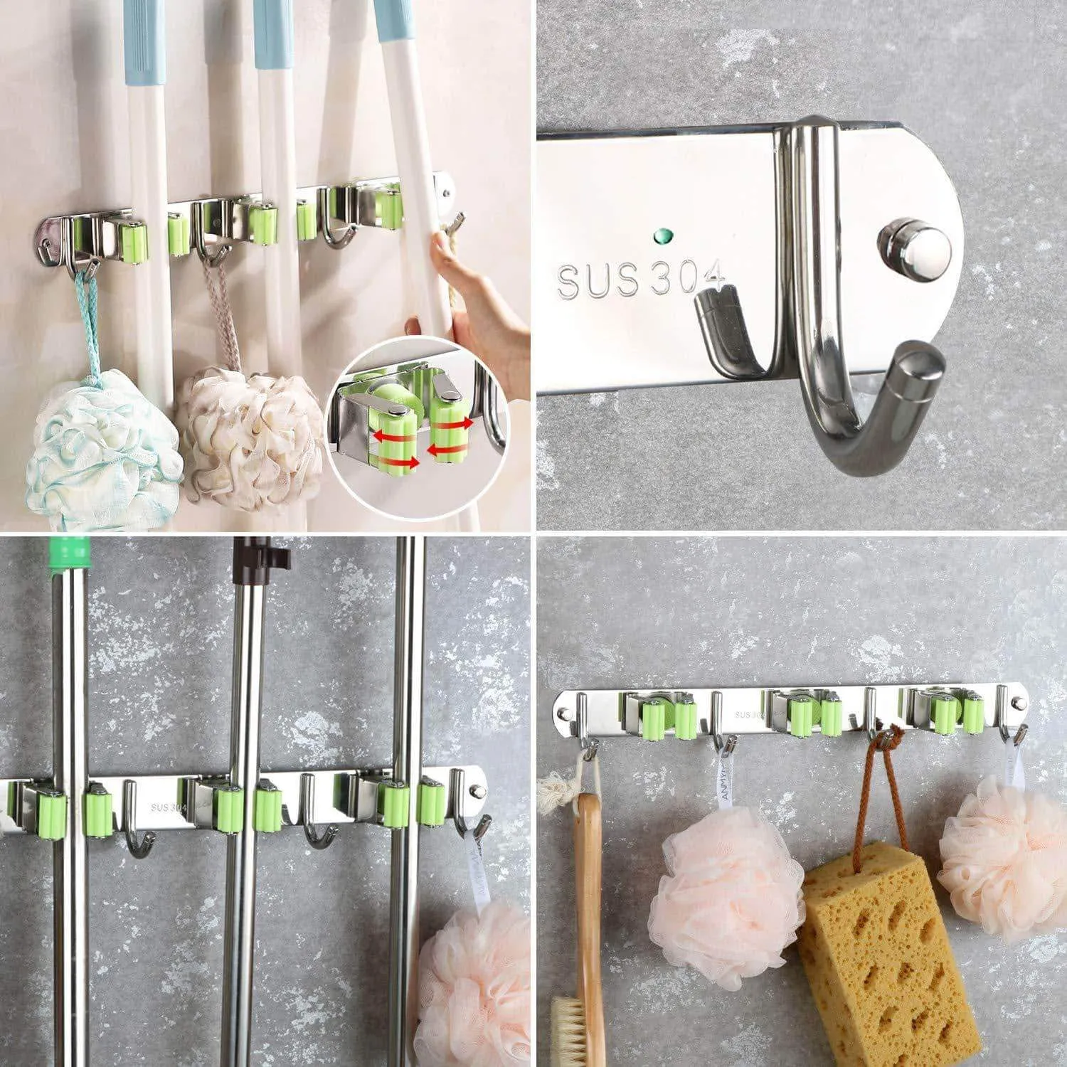 Joyhill Mop and Broom Holder Wall Mount, Stainless Steel Broom Organizer, Self Adhesive Garden Tool Hangers (3 Position 4 Hooks)