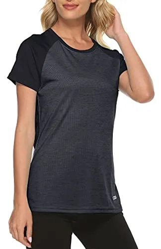 MoFiz Women's Athletic Short-Sleeved Running T-Shirts Lightweight Quick Dry Workout Training Yoga Crewneck Tops Black Grey 2XL