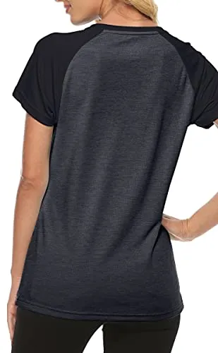 MoFiz Women's Athletic Short-Sleeved Running T-Shirts Lightweight Quick Dry Workout Training Yoga Crewneck Tops Black Grey 2XL