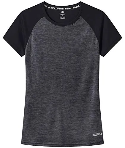 MoFiz Women's Athletic Short-Sleeved Running T-Shirts Lightweight Quick Dry Workout Training Yoga Crewneck Tops Black Grey 2XL