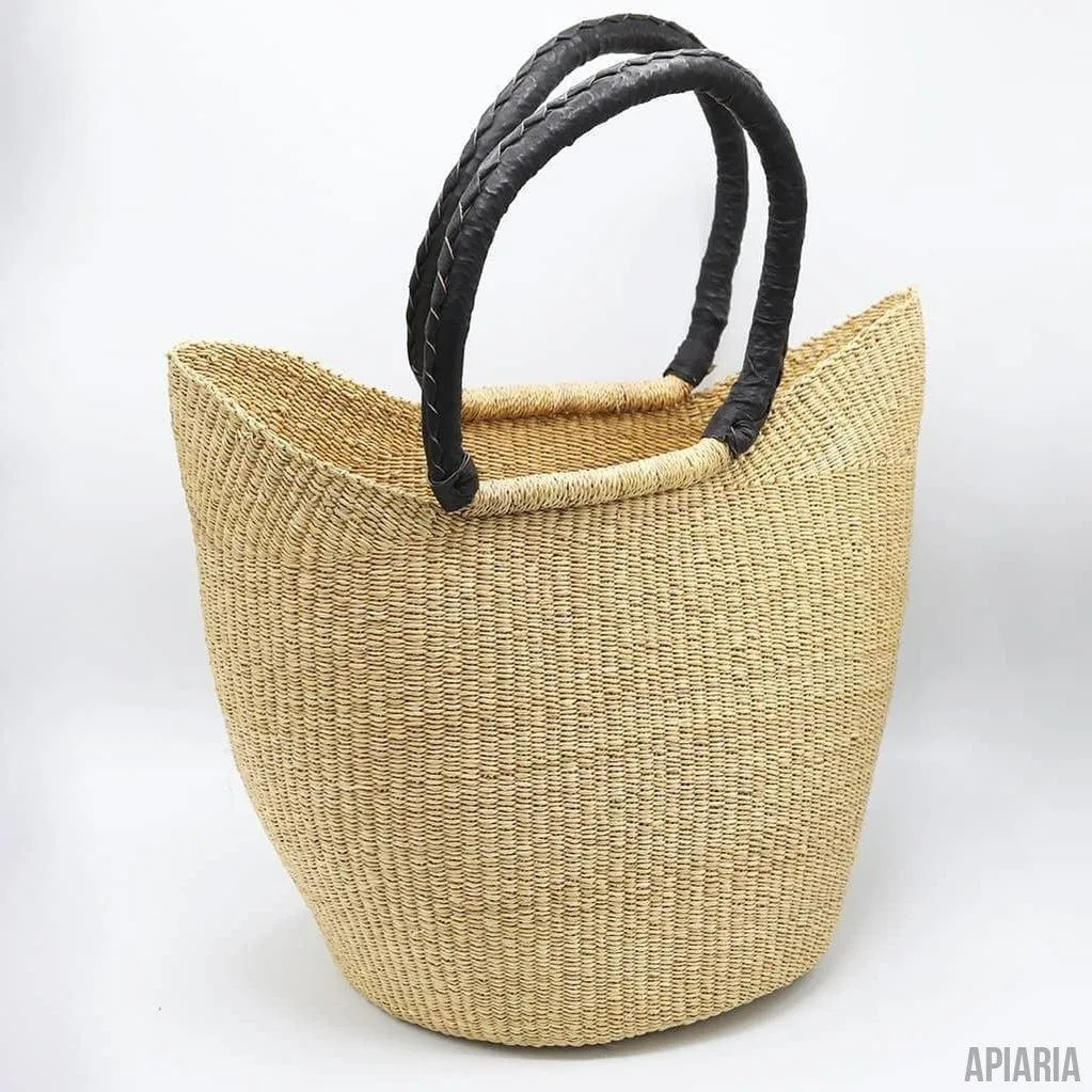Natural Winged Market Tote with Braided, Black Leather Handles