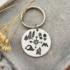 NEW Explore Keychain with Compass Rose, Mountains, Hiking Boots, Outdoor Explorer Hiking Keyring, Backpacking, Nature Themed Wedding Favor