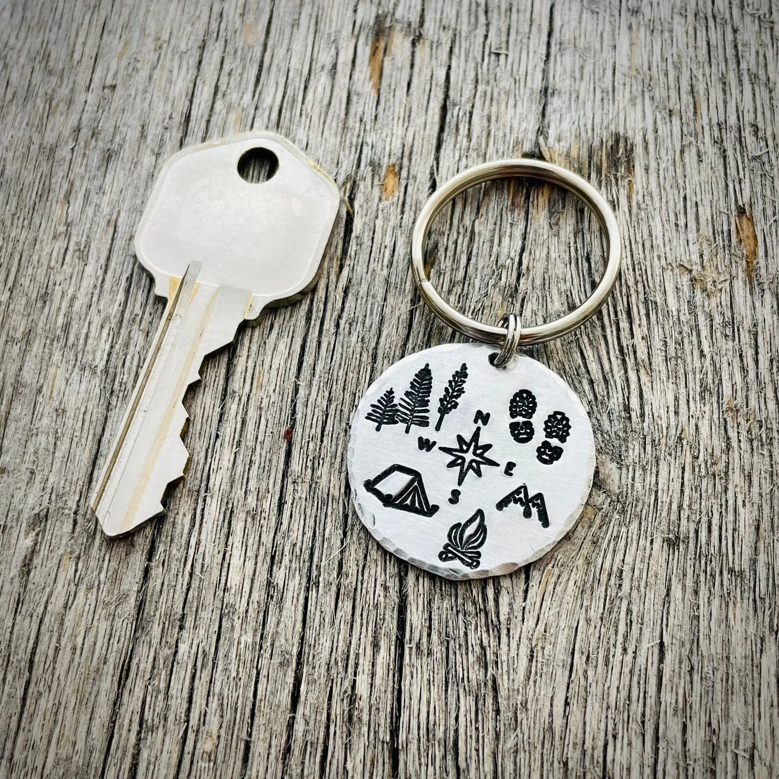 NEW Explore Keychain with Compass Rose, Mountains, Hiking Boots, Outdoor Explorer Hiking Keyring, Backpacking, Nature Themed Wedding Favor