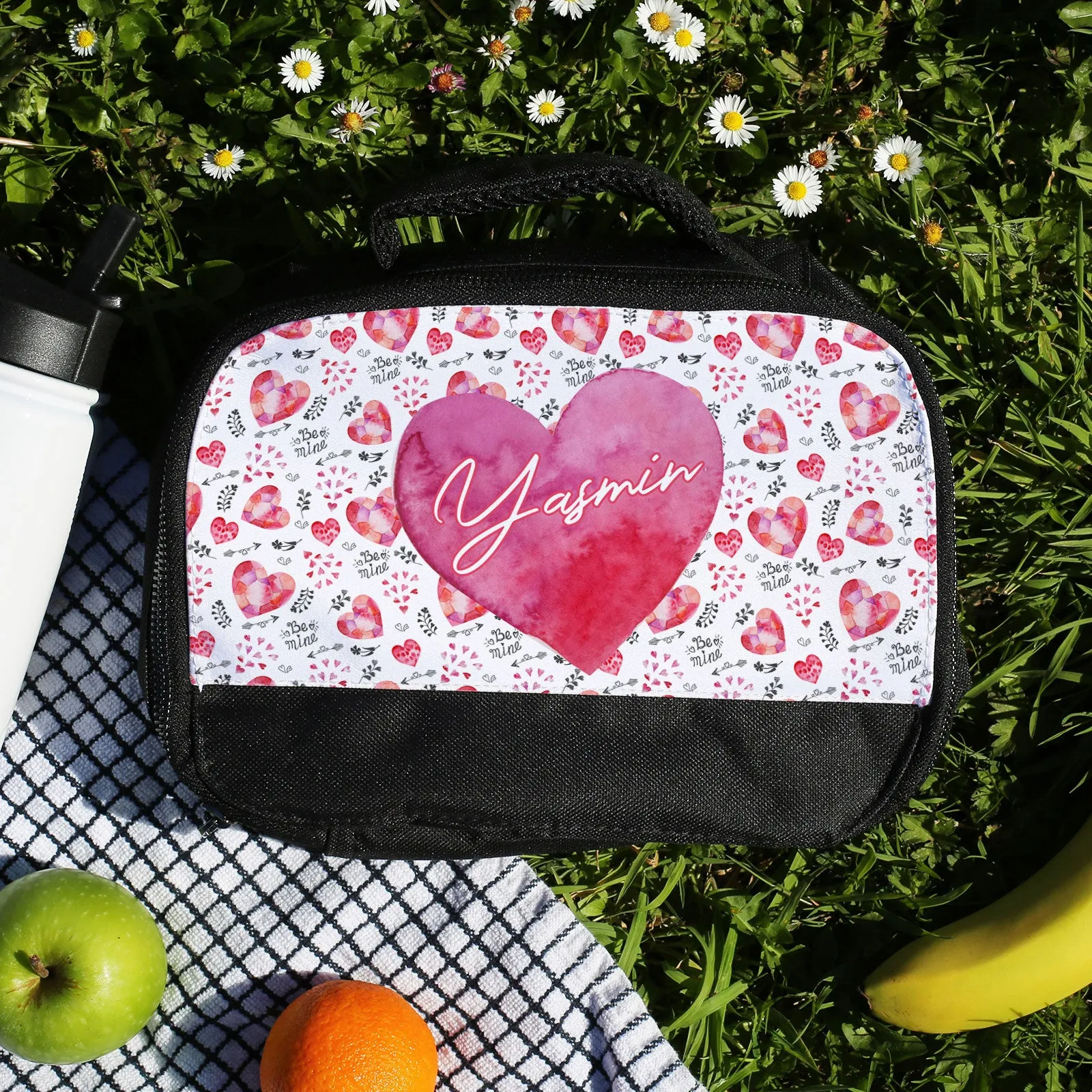 Personalised Lunch Bag with Pink Love Hearts & Name