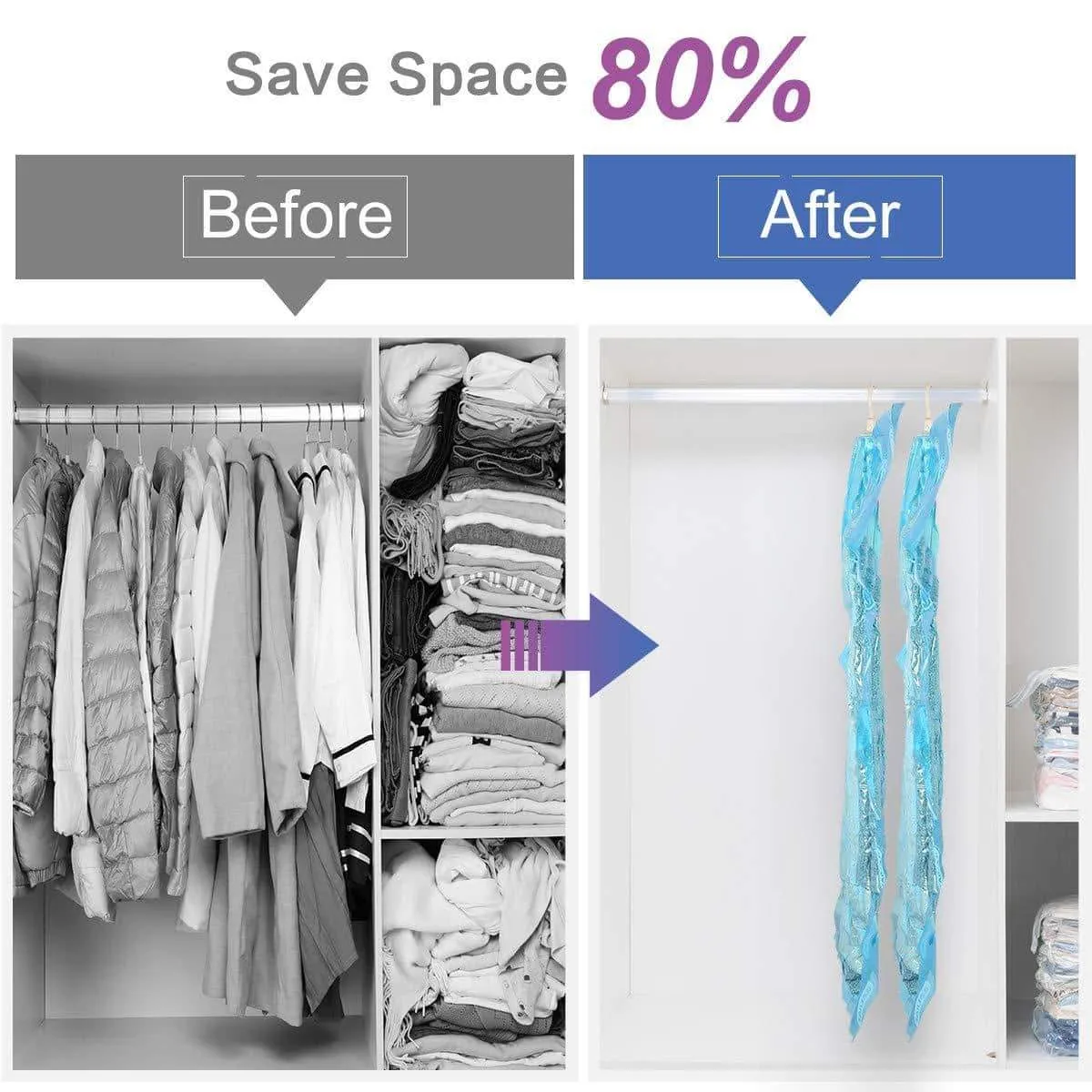 TAILI Hanging Vacuum Storage Bags for Clothes, Set of 4 Long 53x27.6 inches Space Saver Bags for Suits, Dress, Coats or Jackets, Vacuum Sealed Clothing Bags for Closet Organizer and Storage