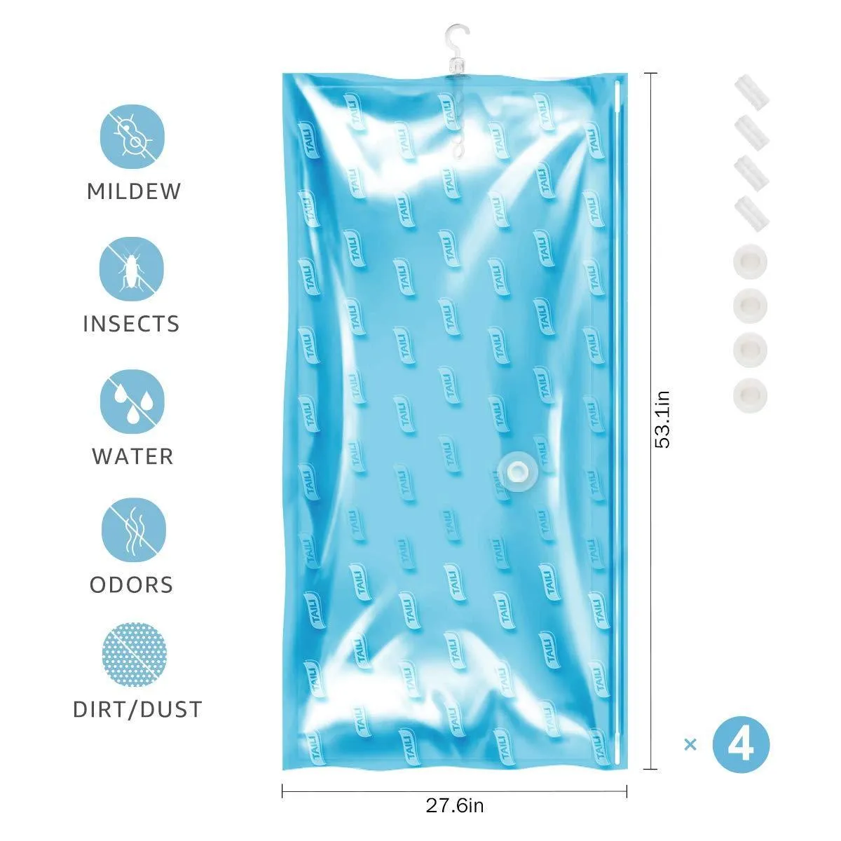 TAILI Hanging Vacuum Storage Bags for Clothes, Set of 4 Long 53x27.6 inches Space Saver Bags for Suits, Dress, Coats or Jackets, Vacuum Sealed Clothing Bags for Closet Organizer and Storage