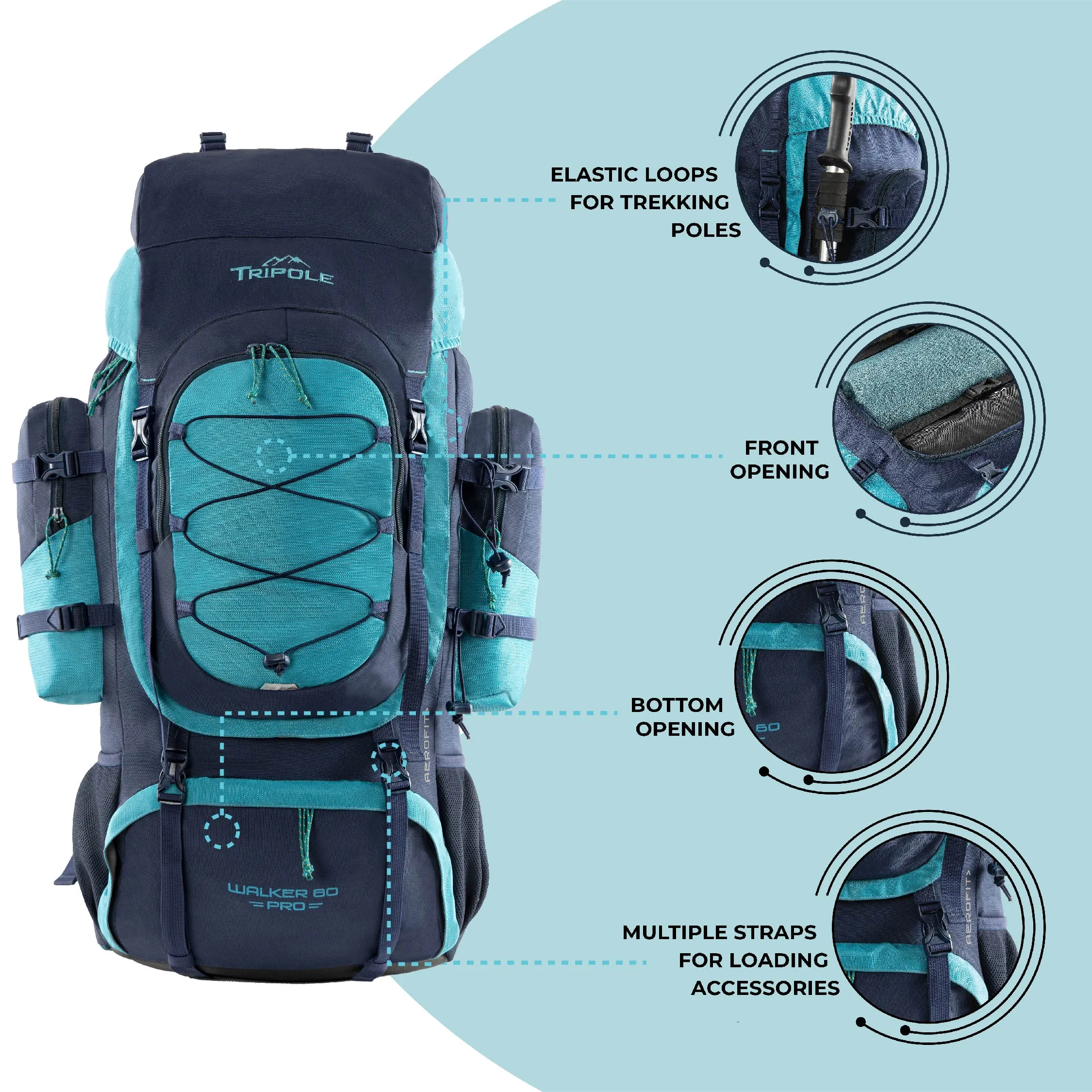 Tripole Walker Pro Metal Frame Rucksack with Rain Cover for Trekking & Travel | Front Opening | Laptop Sleeve | Men & Women | 5 Year Warranty | 80 Litre | Blue