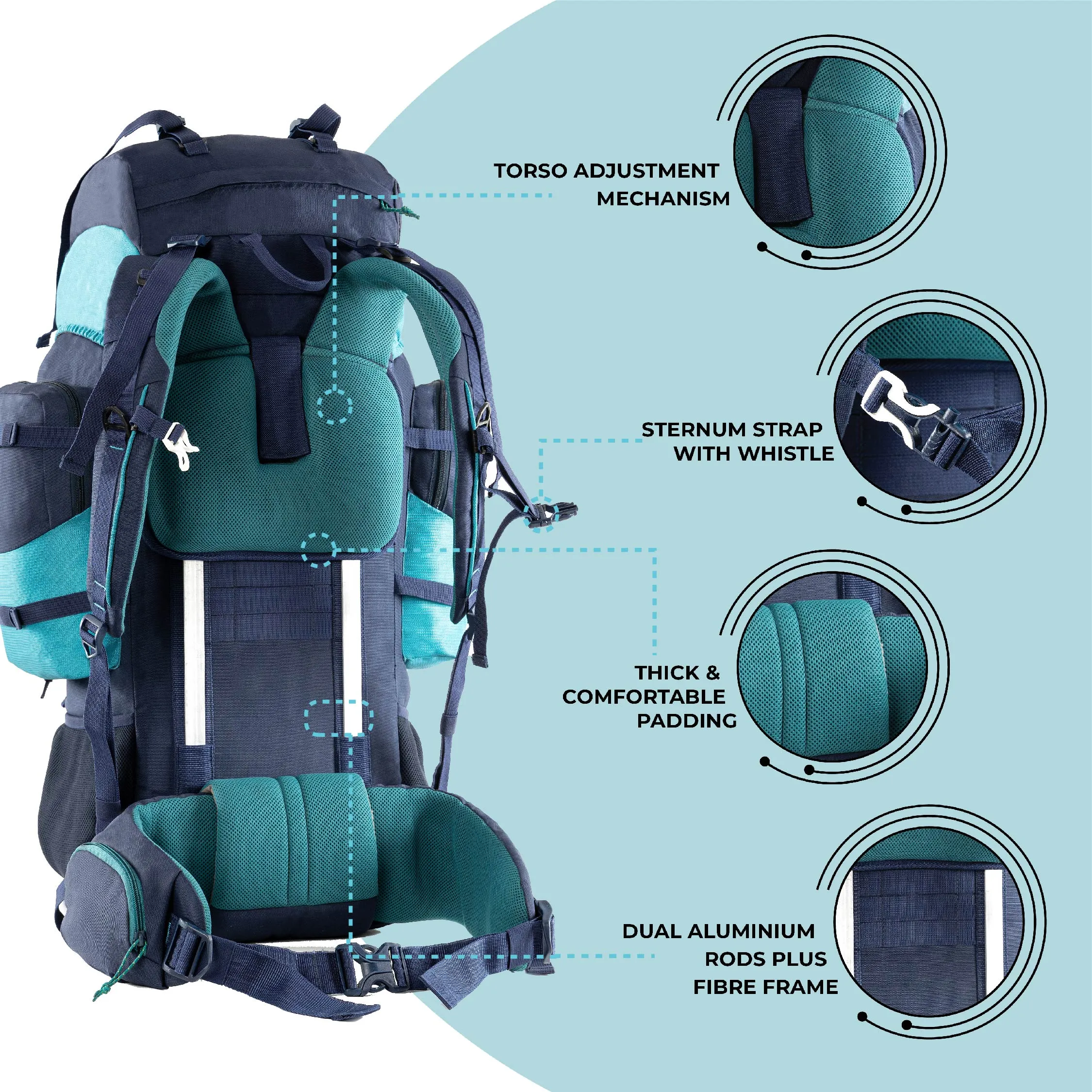 Tripole Walker Pro Metal Frame Rucksack with Rain Cover for Trekking & Travel | Front Opening | Laptop Sleeve | Men & Women | 5 Year Warranty | 80 Litre | Blue