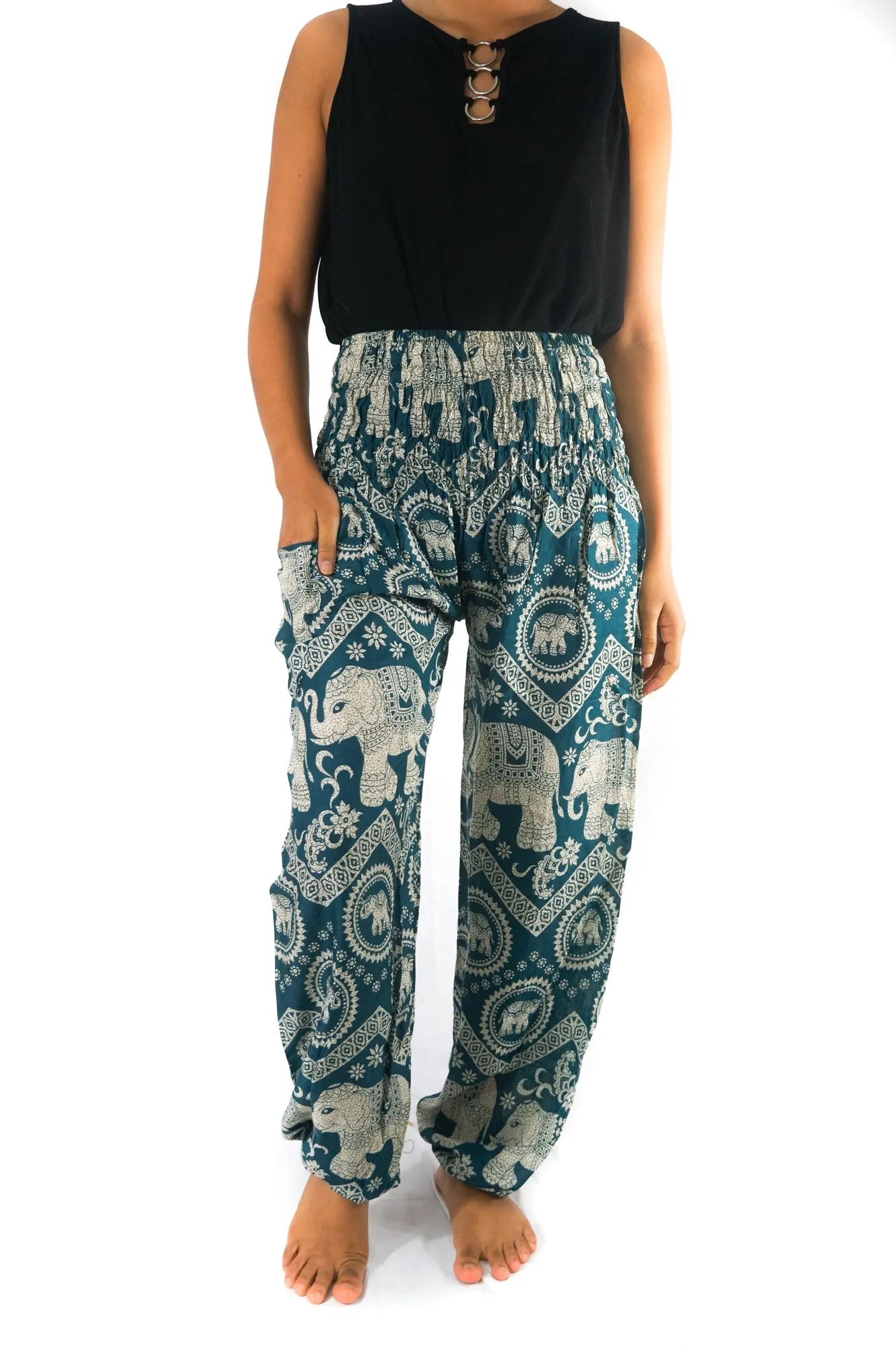 Unisex Bohemian Elephant Lattice Print Harem Pants- Teal