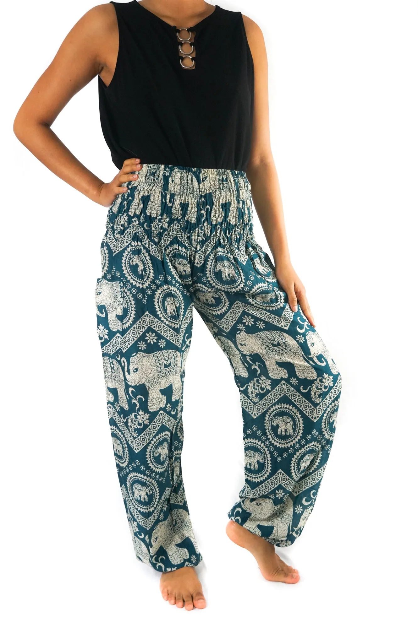 Unisex Bohemian Elephant Lattice Print Harem Pants- Teal